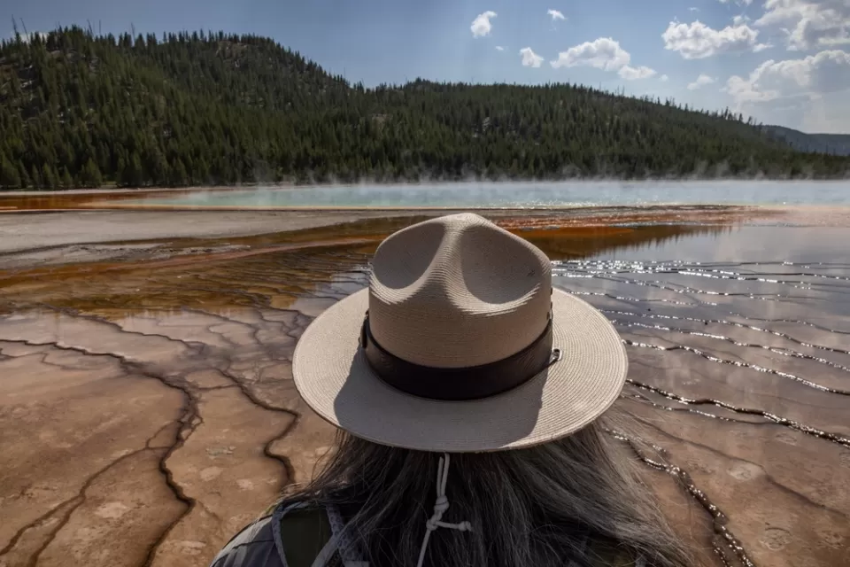 View of park ranger with tan hat from behind, ranger looking out at Grand Prismatic Spring in Yellowstone National Park, Wyoming